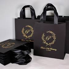 Black and gold tote bag black and gold gold bridesmaid gift bags black and gold gold bridesmaid tote bags (eb3175p) modparty. 20 Black Gold Monogram Birthday Party Favor Bags For Guests Etsy Black Gift Bags Personalized Anniversary Gifts Bags