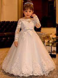 White Lace Flower Girl Dresses Long Sleeves Kids Ball Gowns Long Floor Length Appliques Bow Girls Pageant Dresses Child Wedding Dresses Dress For Girl Dresses G Princess Flower Girl Dresses Wedding