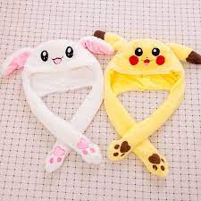 Cute Cartoon Hat Kids Moving Ear Rabbit Dance Plush Toys Cap Hat Soft Stuffed Animal Pikachu Cartoon Party Toy Bab Acessorios Kawaii Toca Infantil Looks Kawaii