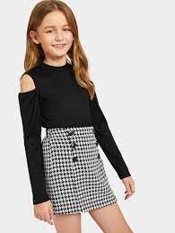 Toute l'année, profitez donc de vêtements pour fille à petits prix : T Shirt En Tricot Cotele Avec Epaules Denudees Jupe Avec Imprime Pied De Poule Robe Pour Adolescente Vetements Styles Mode Fillette