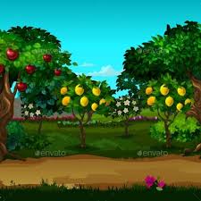 A Garden With Ripe Fruit Vector Cartoon Close Up Fruit Vector Diy Canvas Art Illustration
