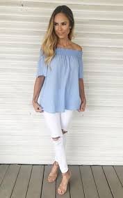 Chandler Chambray Light Blue And White Pinstripe Top Off The Shoulder Top Blue And White Outfits Blue Top Outfit Blue And White Striped Shirt