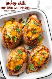 Turkey Chili Smothered Sweet Potatoes Recipe In 2020 Recipes Turkey Chili Food