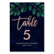Rose Gold Script Green Leaf Navy Blue Table Number Script Gifts Template Templates Diy Customize Personalize S Wedding Table Numbers Blue Table Wedding Table