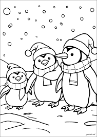Three penguins with hat and scarf - Penguins Coloring Pages