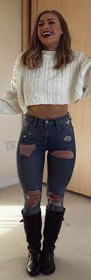 Winter Outfits Cable Knitted White Long Sleeved Crop Top With Distressed Jeans And Mid Calf Boots Casual Winter Outfits Winter Fashion Outfits Winter Outfits