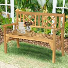 Patio Foldable Bench With Curved Backrest And Armrest In 2020 Solid Wood Benches Wood Bench Patio Chairs