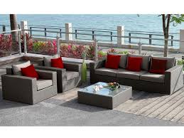 Salon De Jardin Rio Grande En Resine Tressee Canape 3 Places 2 Fauteuils Et Table Basse Coussins Rouges Salon De Jardin Canape 3 Places Salon D Exterieur