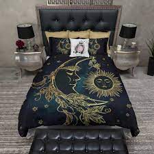 ●120cm*200cm bed (4 foot)：quiltcover 150cm*210cm. Boho Midnight Black Teal With Gold Sun Moon And Stars Bedding Collecti Ink And Rags