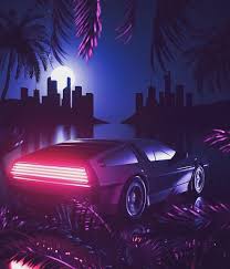 Futuristic Car Parking Infront Of The City View Thinking About Future Neon Lights Moon And Palms Neon Lighting Neon Car Futuristic