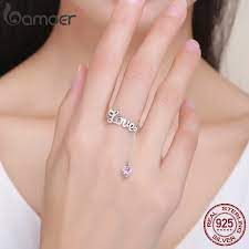Bamoer Genuine 925 Sterling Silver Love Letter Adjustabl White Gold Engagement Rings Unique Vintage Engagement Rings Art Deco Morganite Engagement Ring Vintage