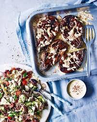 Whole Roast Aubergines With Tahini Yogurt And Greek Salad Recipe In 2020 Food Recipes Greek Salad Recipes Food