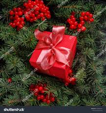 New Year Christmas Xmas 2020 Holiday Celebration Red Present Gift Box With Satin Pink Bow Immersed In The Needles Of A Holiday Christmas Tree Decorations Xmas