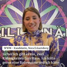 Am ende der show ging peters dennoch mit 8000 euro nach hause. Wer Wird Millionar Wer Wird Millionar 2 Kandidatin Nora Eckartsberg Im Interview Facebook