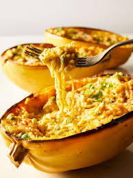 Vegan Baked Spaghetti Squash With Pumpkin And Green Onion Alfredo Spoon Fork Bacon Recipe Vegetarian Thanksgiving Recipes Baked Spaghetti Squash Vegan Baking
