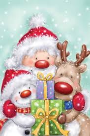 Santa Reindeer And Snowman Canvas Art By Makiko Icanvas In 2021 Christmas Cartoons Animated Christmas Christmas Paintings