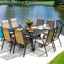 Madison Bay 9 Piece Sling Patio Dining Set With Stacking Chairs And Square Table By Lakeview Outdoor Designs Bbqguys Patio Dining Set Patio Furniture Sets Outdoor Fireplace Designs