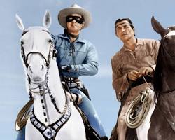 Lone Ranger 1949 TV series Clayton Moore as The Lone Ranger Jay Silverheels as Tonto Silver the horse black and white television stills ABC show, AI generated
