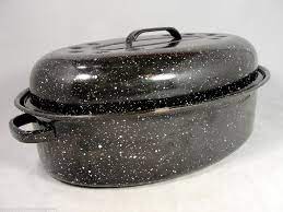 Vintage Roasting Pan 14 Oval Black White Speckle Enamelware Roaster Use It Like Crazy Enamel Cookware Enamelware Carnival Glass