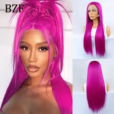 26 Zoll Rose Pink Lace Front Perücken Cosplay wellig 13x3 transparent hitze  beständig glattes Kunst haar rosa Perücke 150%