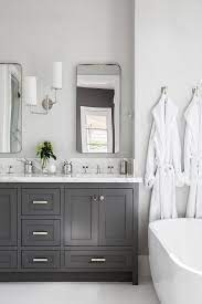Countertop is caesarstone blizzard quartz with 3 cm eased edge. Dark Gray Master Bath Vanity Cabinets With Shiplap Walls Cottage Bathroom