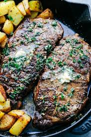 Skillet Garlic Butter Herb Steak And Potatoes Grilled Steak Recipes Strip Steak Recipe New York Steak Recipe