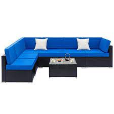Ktaxon 7pcs Outdoor Patio Garden Rattan Furniture Sectional Rattan Wicker Sofa Set With Blue Cushions Walmart Com Sofa Set Rattan Sofa Sectional Patio Furniture