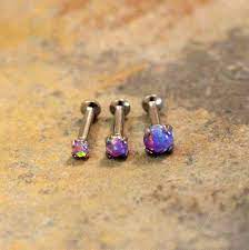 Purple Fire Opal Triple Helix Cartilage Flat Back Earrings Internal Thread Prong Ba Flat Back Earrings Cartilage Jewelry Studs Body Jewelry Piercing