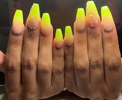 This looks amazing as long acrylic nail designs. Neon Yellow Glow In The Dark Acrylic Sadity City Nails Facebook