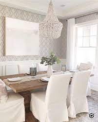 Dining Room Decor Farmhouse Table White Chairs Pottery Barn Beaded Chandelier Wallp Dining Room Wallpaper Farmhouse Dining Room Farmhouse Dining Room Table