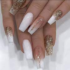 In case you can't get to a nail. Melina On Instagram Milky White Ombre And Gold Glitter On Coffin Nails Follow Doing Makeup Nail Sassy Nails Fall Acrylic Nails Gold Nails