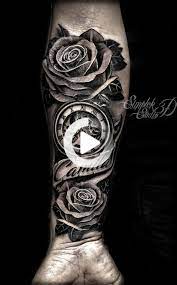 Pin On Sleeve Forearm Tattoos Clock And Rose Tattoo Rose Tattoos Rose Tattoos For Men