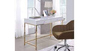 The audrey white lacquer desk, gold glam office desk, modern chic contemporary desk is perfect for any modern or contemporary room. Bester White Lacquer Desk With Gold Finish Base
