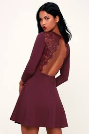Felicity Plum Purple Backless Lace Skater Dress Mod And Retro Clothing Lace Skater Dress Long Sleeve Skater Dress Long Sleeve Shift Dress