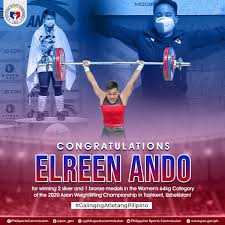 Jun 17, 2021 · more than the daily grind in training, filipino weightlifter elreen ann ando is focused on setting her mindset when she competes in next month's tokyo olympics. Philippine Sports Commission On Twitter Congratulations Elreen Ando For Winning Two Silver And One Bronze Medals In The Women S 64kg Category Of The 2020 Asian Weightlifting Championship In Tashkent Uzbekistan Mabuhay Ang