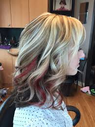 15 ways to do brown hair with blonde highlights, inspired by celebrities. Red Peek A Boo On Blonde With Brown Lowlights Wish I Could Pull This Off Blonde Hair With Highlights Blonde With Brown Lowlights Burgandy Hair