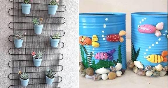 Sala decorada com objetos reciclados e plantas