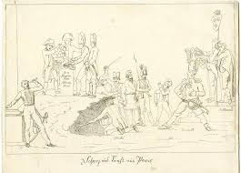 L'attentat de la rue nicaise, également connu sous le nom de « conspiration de la machine infernale », est un attentat, qui a eu lieu le 3 nivôse an ix (24 décembre 1800), à 20 h, dû à une conjuration royaliste, visant à assassiner napoléon bonaparte, premier consul de france depuis le coup d'état du 18 brumaire, à paris le 9 novembre 1799. Print Satirical Print British Museum