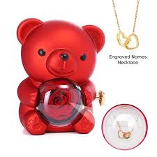 Engraved Heart Necklace & Rose Teddy Bear Gift Set