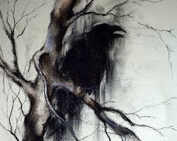 Black And White Raven Art Original Raven Drawing Charcoal Black And White Art Halloween Zeichnungen Rabe Tattoo Drawing