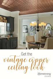 Red wood kitchen with faux tin ceiling tiles creates a dramatic kitchen design. Copper Ceiling Look Ceilings Armstrong Residential Copper Ceiling Copper Ceilings Tin Ceiling