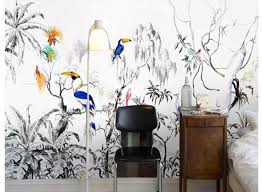 Black And White Tropical Mural Wallpaper Hand Painted Jungle Plants Wallpaper Wall Mural Black And White Jungle With Colorful Parrots Wall Mural Rainforest Wall Wallpaper Wall Murals Plant Wallpaper