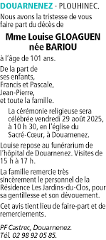Photo Mme GLOAGUEN Louise - Avis de dcs du 27 aot 2025 - Le ...