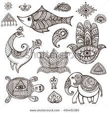 Indian Mehndi Decor Elements Symbols Animal Floral Decor Vector Vintage Traditional Indian Style Ornamental Geometri Geometric Henna Henna Elephant Mehndi Art