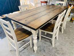 Our range of traditional rustic farmhouse tables & chairs can be mixed and matched to suit any interior. 7ft Rustic Farmhouse Table With Chairs And Turned Legs Dark Walnut Top And Antique White Base Wooden Dining Table In 2021 Rustic Farmhouse Table Rustic Kitchen Tables Rustic Farmhouse Dining Table