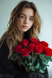 mujer con largo pelo sostiene ramo de flores de rojo rosas 46112113 Foto de  stock en Vecteezy