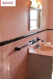 Try simplifying the color scheme with fresh white walls, towels, rugs or a shower curtain. Before After Look What 1k Can Do To A Vintage Pink Tiled Bathroom Pink Bathroom Tiles Pink Tiled Bathroom Trendy Bathroom Tiles
