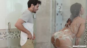 A guy followed ebony to her bathroom and she couldnt help but agree to a  wet fuck