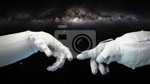 Classical, country, modern, photography, vintage, contemporary Zwei Fast Beruhrende Hande In Raumanzugen Michelangelo Touch Pose Fototapete Fototapeten Milch Cyborg Roboter Myloview De