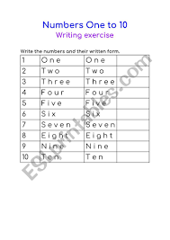 Each one provides a large finger tracing number and then plenty of tracing practice, with a line at the bottom for them to have their first attempts on their own. Numbers 1 To 10 Writing Exercise Esl Worksheet By Selma Karamy